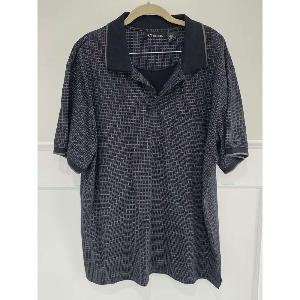 KT Classics Mens Large Polo Shirt Navy Blue Grey Geometric Grid Short Sleeve L